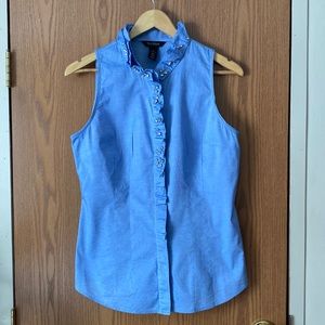 Rhinestone ruffle button down sleeveless blouse